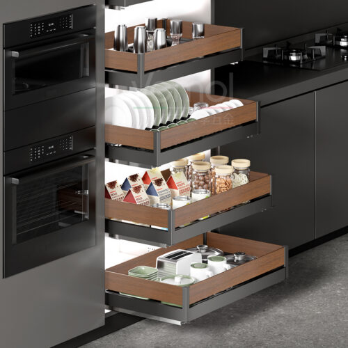 FINE series four-sided single-layer tool pull-out basket (walnut wood)