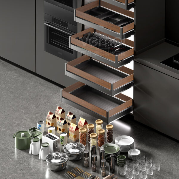 FINE series four-sided single-layer tool pull-out basket (walnut wood)